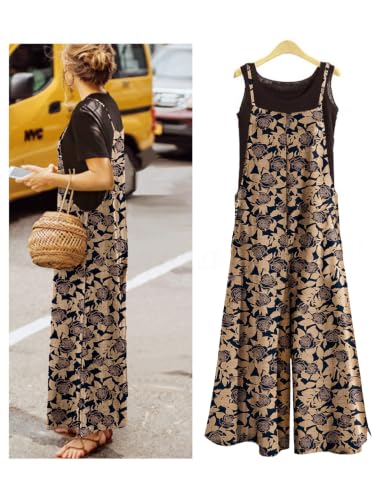 Image of YESNO Women Casual Loose Long Bib Pants Wide Leg Jumpsuits Baggy Cotton Rompers Overalls with Pockets PZZTYP2