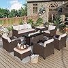 Swivel Glider Patio Furniture Set 8 Pcs Wicker Outdoor Conversation Set 2 x Swivel Chairs 2 x Leg Chairs 1 x 3 Seater Sofa and 2 x Ottomans and 56 Fire Pit Table Beige