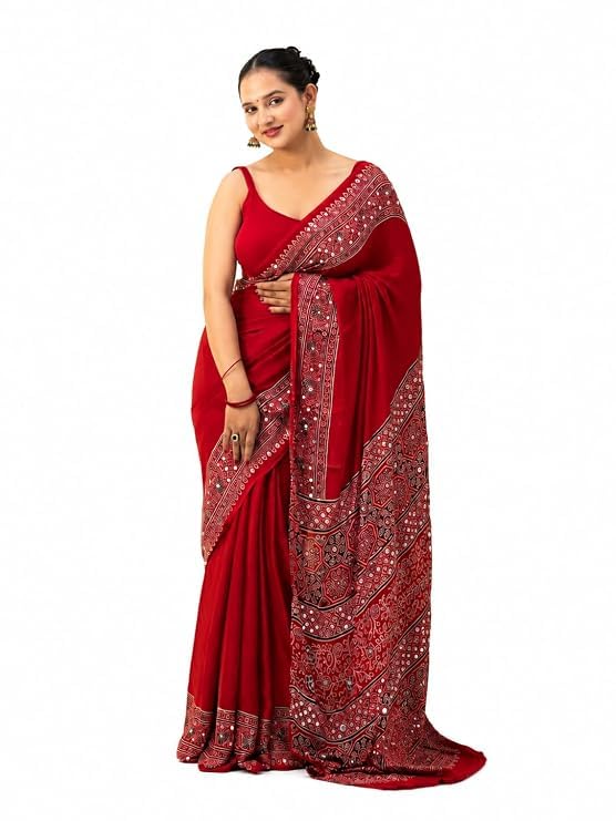 Image of Women's Chinon Silk Saree with Printed Design, Mirror Work & Zari Woven Detailing | Ethnic Wear Saree with Unstitched Blouse Piece | Traditional Festive & WeddingWear