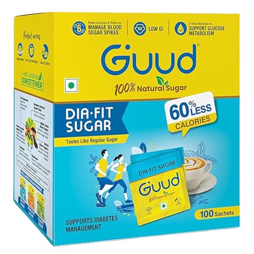 GUUD Sugar 100 Sachets- DIA-Fit 100% Natural & Healthy Sugar for Diabetes Management |60% Fewer Calories | Low GI| Enriched with Ayurvedic Herbs for Glucose Metabolism | Tastes Like Regular Sugar GUUD Sugar 100 Sachets- DIA-Fit 100% Natural & Healthy Sugar for Diabetes Management |60% Fewer Calories | Low GI| Enriched with Ayurvedic Herbs for Glucose Metabolism | Tastes Like Regular Sugar