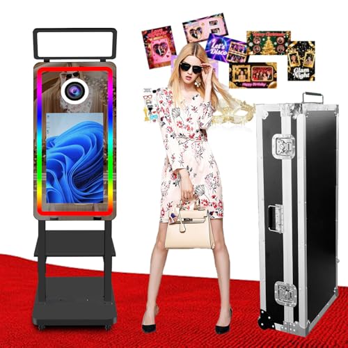Magic Mirror Tragbare Fotobox mit 21 5 Touchscreen Einstellbarer Beleuchtung Sofortdruck Foto-Spiegel-Kabine für Partys Weihnachten Hochzeiten (Black Photo Booth)