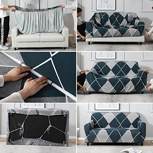 Image of HOKIPO 95% Polyester, 5% Spandex Elastic Stretchable Single Seater Sofa Cover, Blue Rhombus (AR-4093-D15)