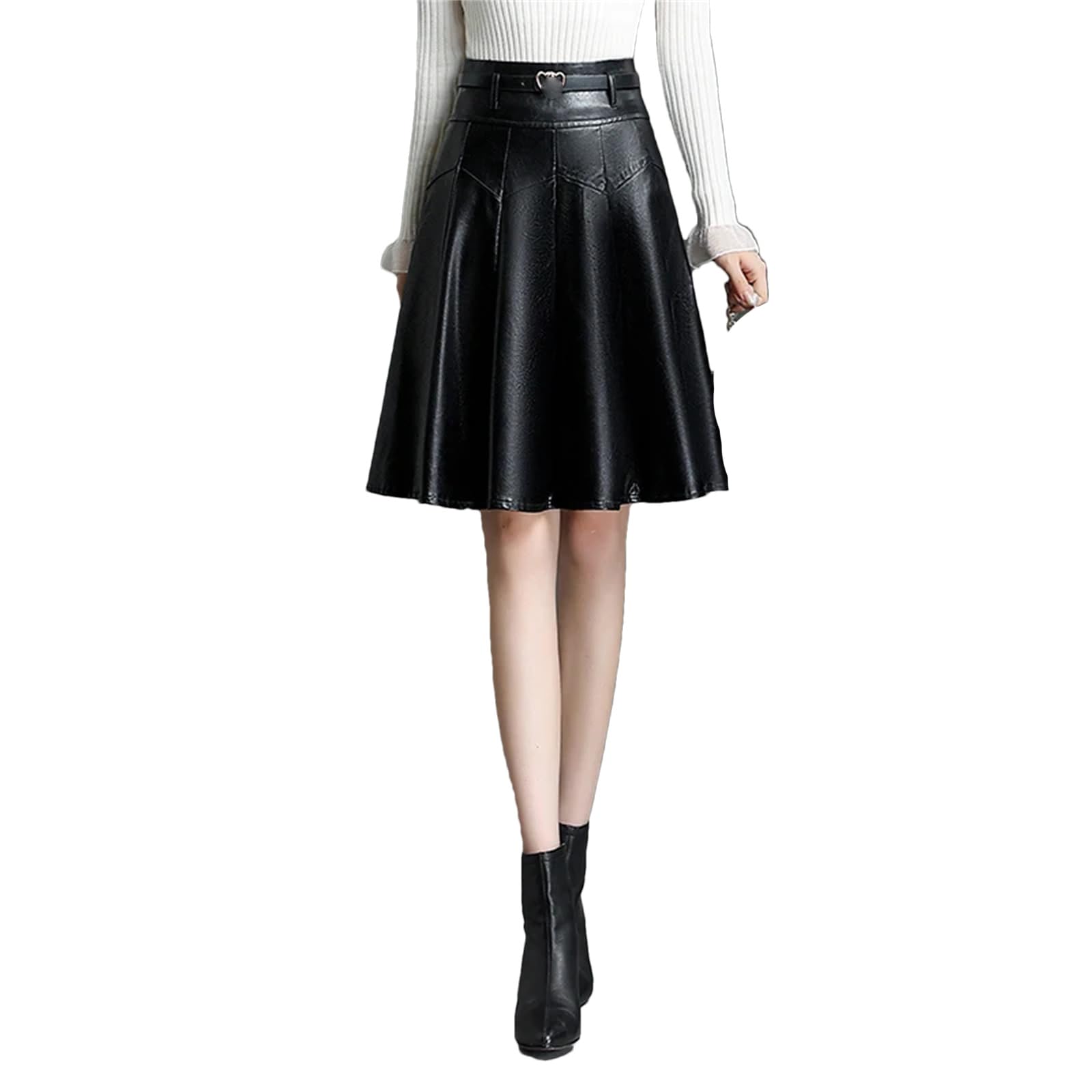 Falda de piel sintética para mujer, para otoño e invierno, cintura alta, elegante, corta, plisada, falda para botas