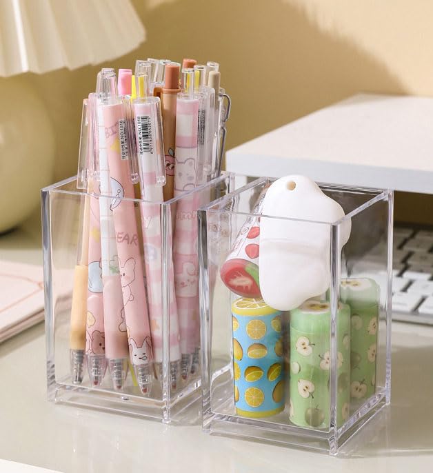 2 Pack Clear Acrylic Desktop Pen Pencil Holder,Makeup Brushes Storage Cup,Office Stationery Organizer