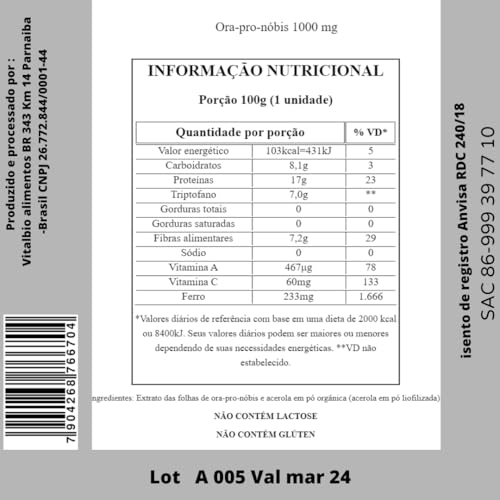 Ora-pro-nóbis com vitamina c capsulas 1000 mg