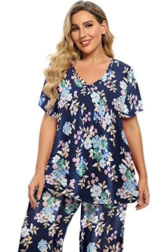 Image of Vozanet Women's V Neck Sexy Pajamas Capri Sets Mexican Style Floral Sleepwear 2PCS Totem Casual Nighty Plus Size M to 5XL