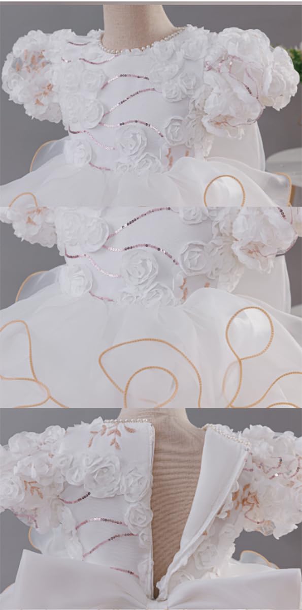 OTMYIGO Prinzessinnenkleid für Mädchen, 3D-Blumenrüschen-Tüll-Tutu-Kleid für Blumenmädchen Geburtstags Hochzeits- und Ballkleid
