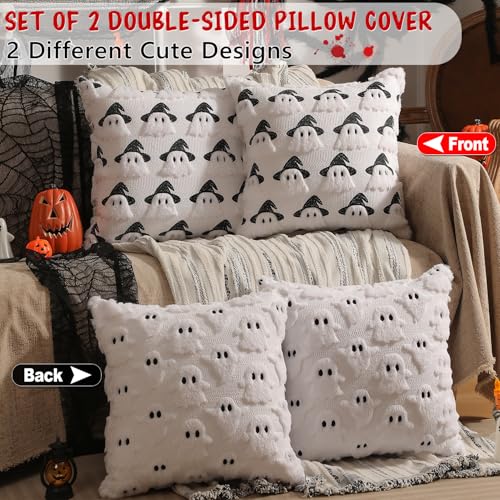 Halloween Decorations Set of 2 Double-Sided Halloween Pillow Covers 16" x 16", with 2 Different Looks, Cure White Ghost & Ghost with Hat, Plush Faux Fur Throw Pillow Covers for Home Decor