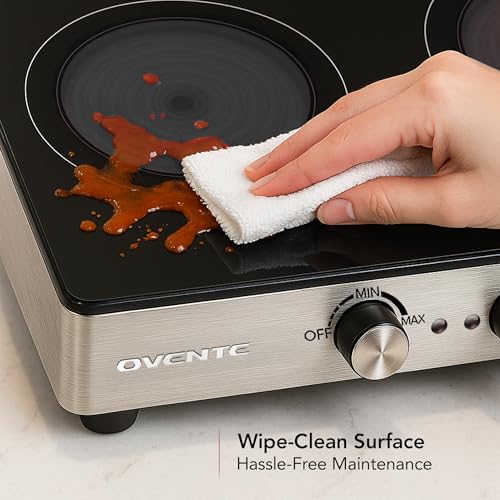 Image of OVENTE Infrared Ceramic Double Burner, 1800W Electric Countertop Hot Plate with Black Crystalline Glass, Portable Stainless Steel Cooktop for Home, Office, or Dorm Use, Black BGI302GB