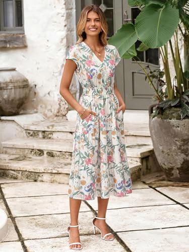 Image of BerryGo Women's Floral Boho Ruffle Summer Midi Dress Short Sleeve V Neck Empire Waist Swing Flowy Dress
