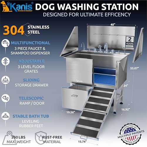 Image of KANIS Professional Dog Washing Station 304 Stainless Steel Pet Wash Sink & Grooming Bathtub w /Shower, Floor Grates and Storage for Large, Medium & Small Pets (Silver, 40 Inches, Right Ramp, 1 Drawer)