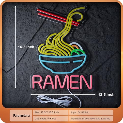Image of Ramen Neon Sign Noodles Led Lights with Dimmer | Business Signs for Ramen Shop Restaurant Compatible with Smart Plug Timer