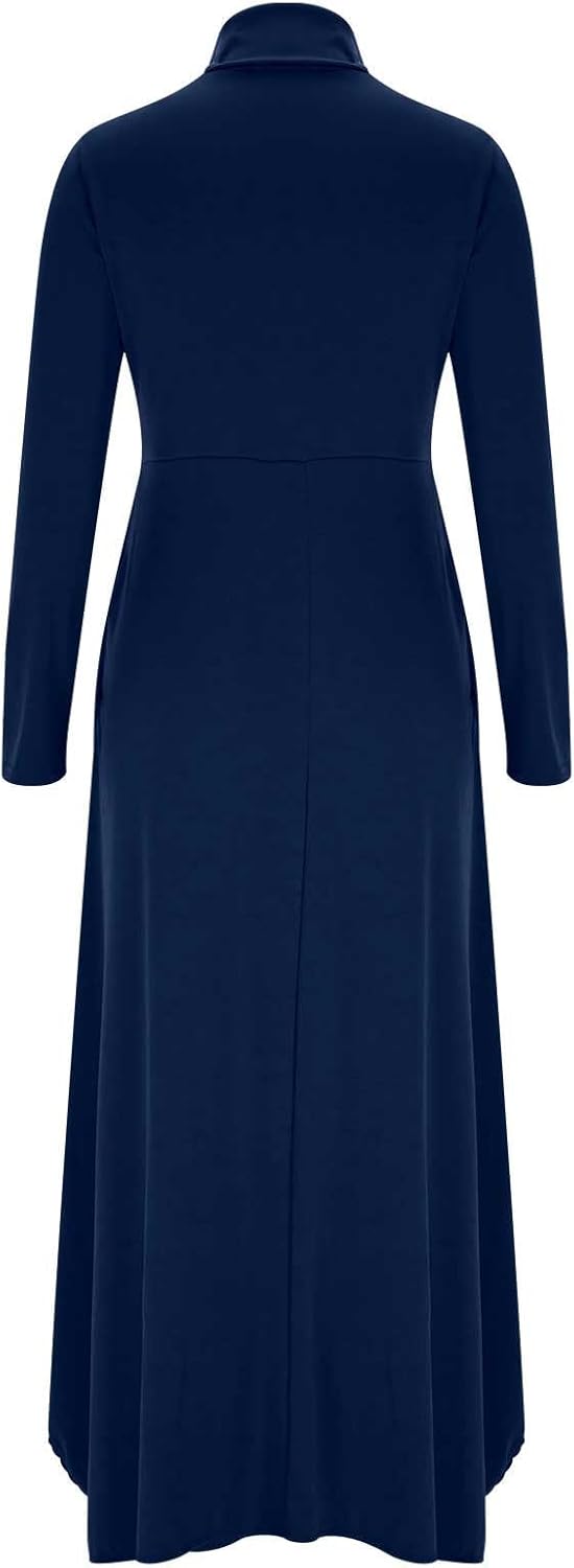 Women Long Sleeve Turtle Neck Long Dress Casual Vintage Outfits Flowy Fashion Irregular Hem Maxi Dresses with Pockets
