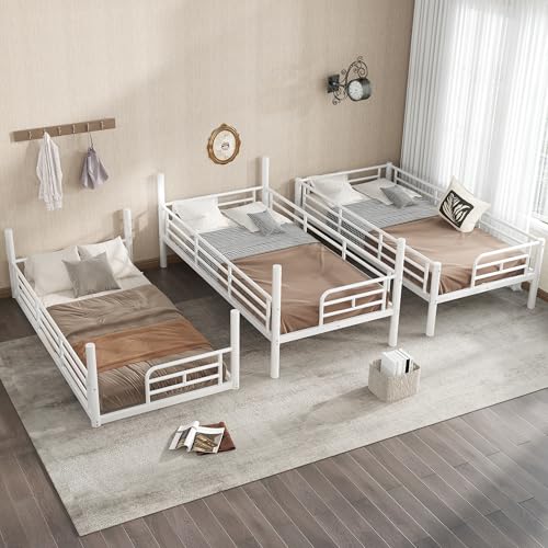 Image of Twin Over Twin Over Twin Bunk Bed with Safety Guardrails, Modern Metal Triple Bed Frame for Kids, No Box Spring Required, White
