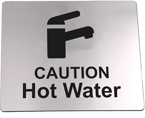 Miniatura 8 de Caution Hot Water, letrero para fregadero con adhesivo en la parte posterior, plateado metálico grabado en negro con símbolo de icono universal y