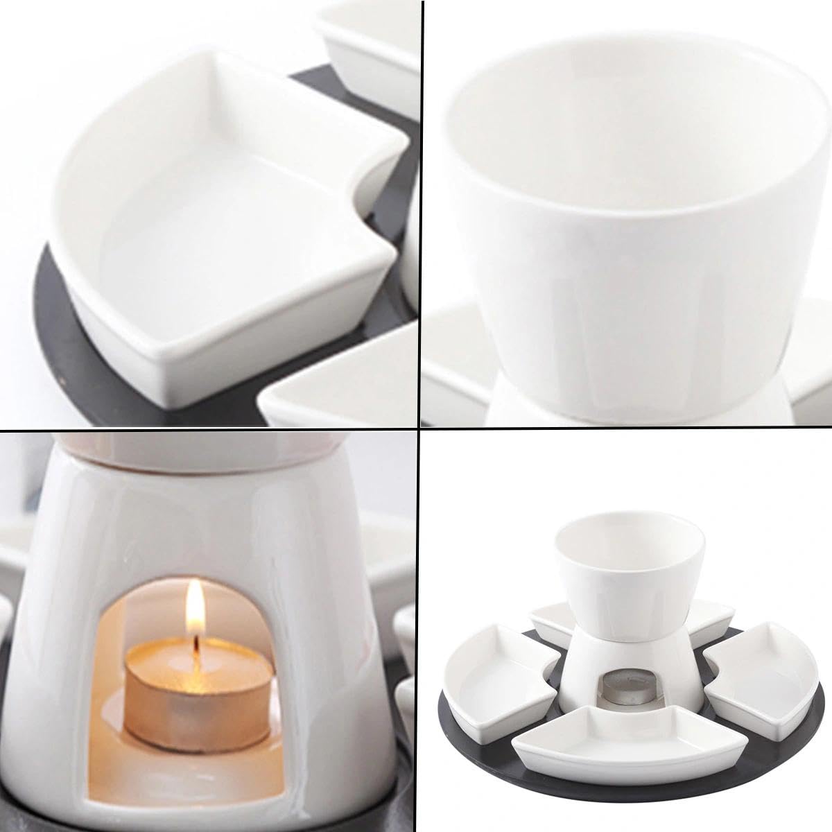 Set di Fonduta di Cioccolato in Ceramica 300 ml, 4 Piatti e 4 Forchette, Bianco