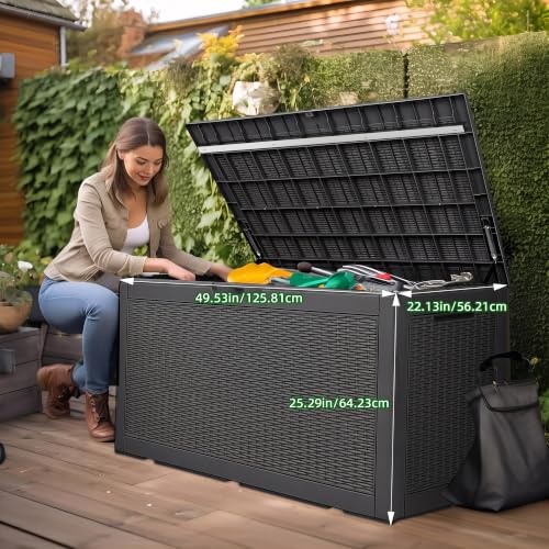 Image of 100 Gallon Outdoor Storage Box - Deck Box Waterproof Patio Furniture, Garden Tools, Cushions, Pool Accessories Outside Storage Resin Box, Black