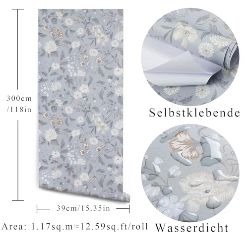 CiCiwind Selbstklebende Tapete Blumen 39×300CM Vintage Möbelfolie Grün Blatt Blume Tapeten Wasserdicht Klebefolie Schlafzimmer Wohnzimmer Wand Möbel Vinyl Wandverkleidung
