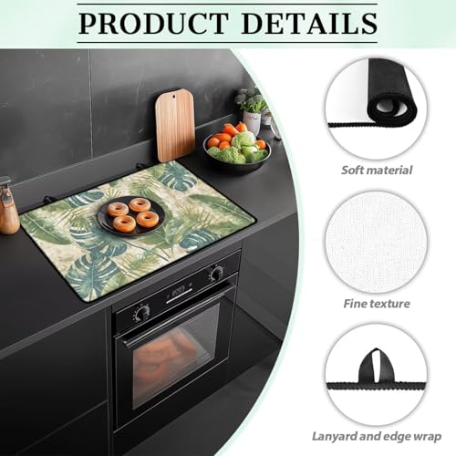 Image of Tropical Leaf Print Electric Stove Insulation Pad Heat & Stain Resistant Dish Drying Mat for Kitchen 30x21 Inch Cooktop Stove Guard Protector with Anti-Slip Grip Extra Large Mat