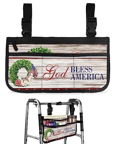 4th of July Wreath Wheelchair Side Bag Walker Bag, Floral American Flag on Wood Rustic Wheelchair Accessories Armrest Pouch, Organizer Storage Bag for Walkers, Rollators, Scooters, 7.3''x13''