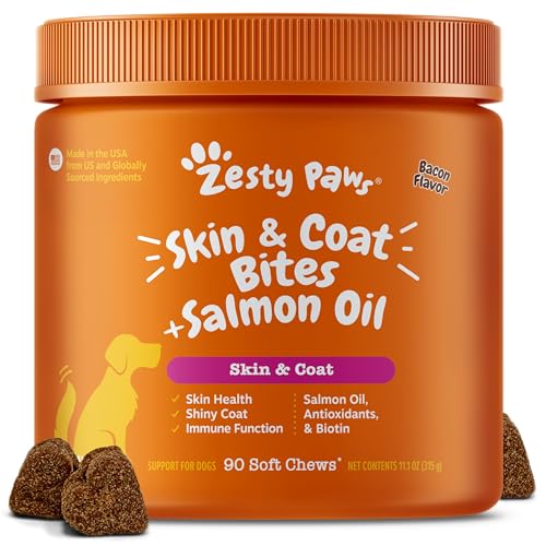 Zesty Paws Omega 3 Fish Oil for Dogs - Zesty Paw Dog Vitamins and Supplements for Hip, Joint & Skin, Bacon (90 Chews)