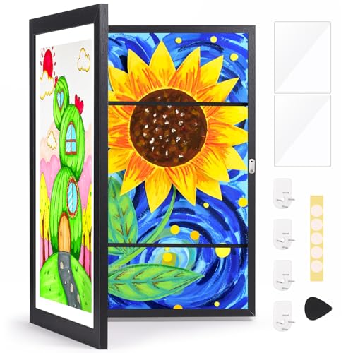 AXNSATRE Marco de Fotos Infantil A3 Negro (34x46 cm) – Capacidad para 150 Dibujos – Apertura Frontal con Cierre Magnético – Marco Rellenable con Profundidad para Arte Escolar y Familiar
