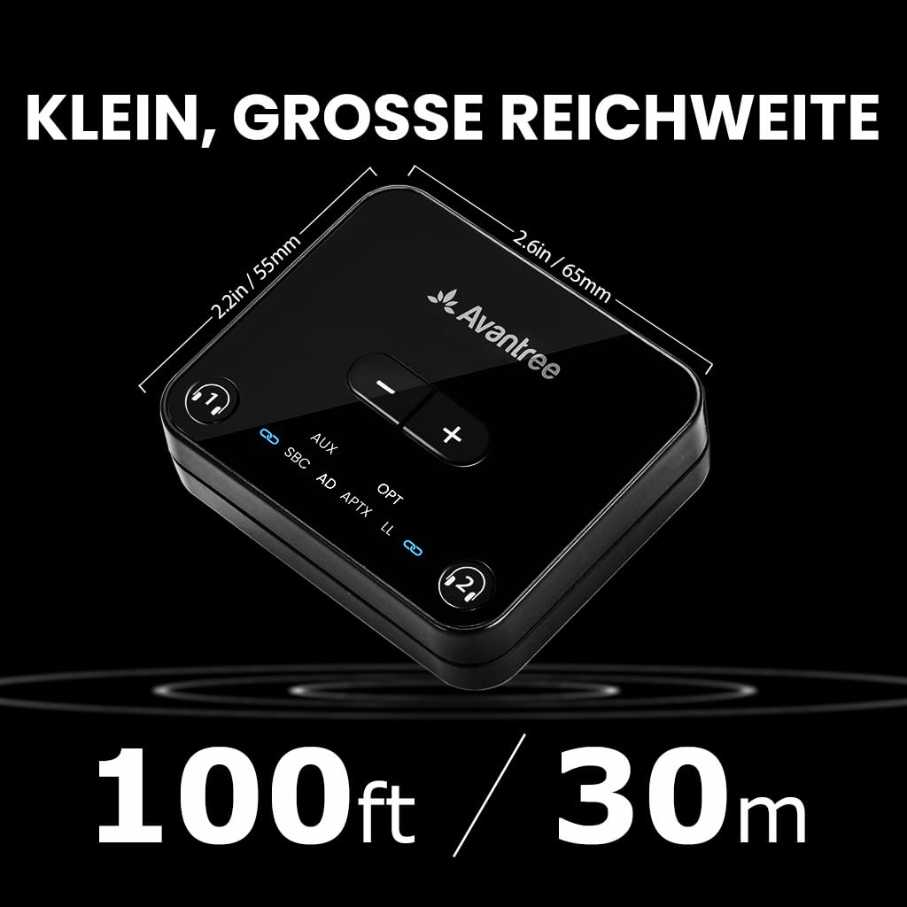 Avantree Audikast 3 - Bluetooth 5.3 Transmitter Sender für TV mit Optischem oder AUX-Audioausgang, aptX-Adaptive, Dual Link für 2 Kopfhörer und 30 Meter Reichweite