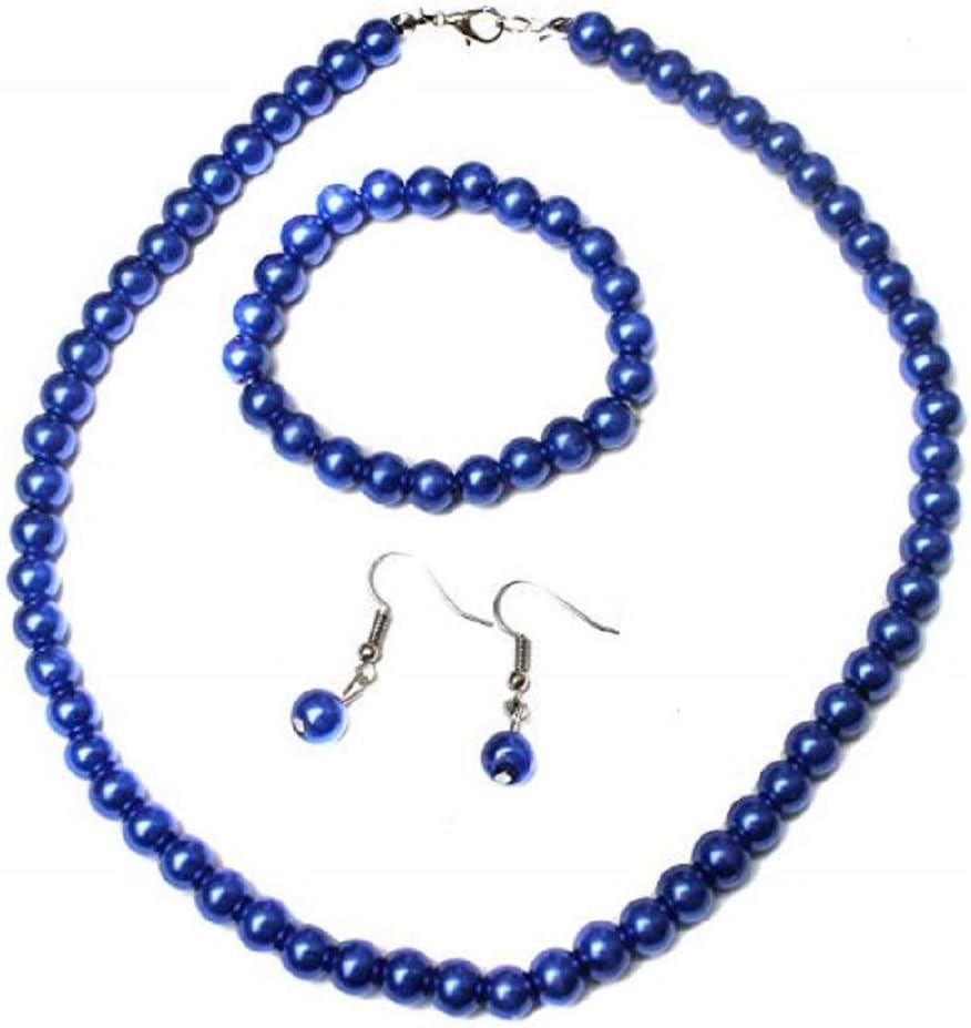 Royal Blue Glass Pearl Necklace with Earrings and Bracelet