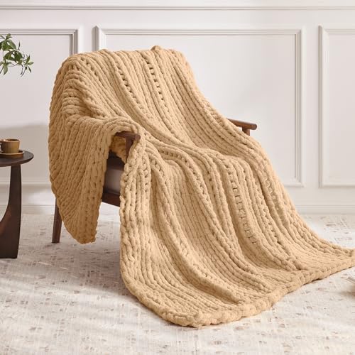 Negwoo Grobstrick-Überwurfdecke, 127,7 x 152,4 cm, Chenille-Garn für Bett, Couch, handgefertigt, beige, gehäkelt, groß, dick… – Ansicht 2
