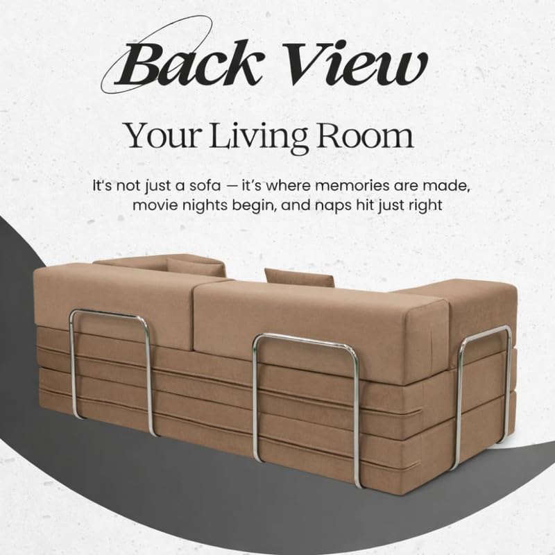 Image of Adorn India Easy Premium Modular 4 Seater Sofa Cum Bed | Velvet Suede Fabric | Colour Camel | Modern Design | Size 6x6 Fit | Comfortable for Seat & Sleep | Washable Cover | Perfect for Home & Office