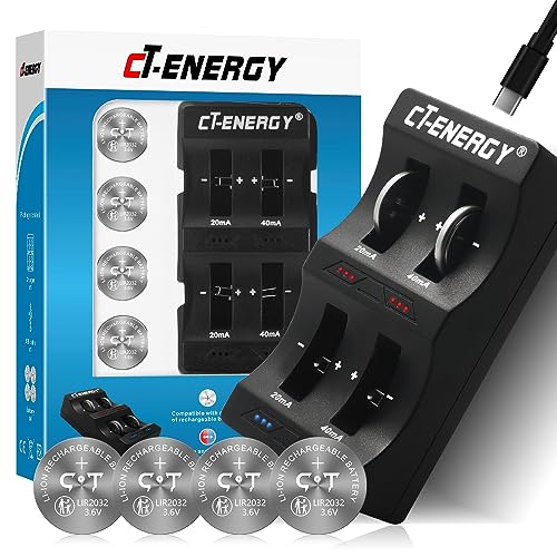 CT-ENERGY Lithium Ion 2032 Battery Charger for Coin Cell Rechargeable Batteries LIR2032 4pcs Replace CR2032 Batteries