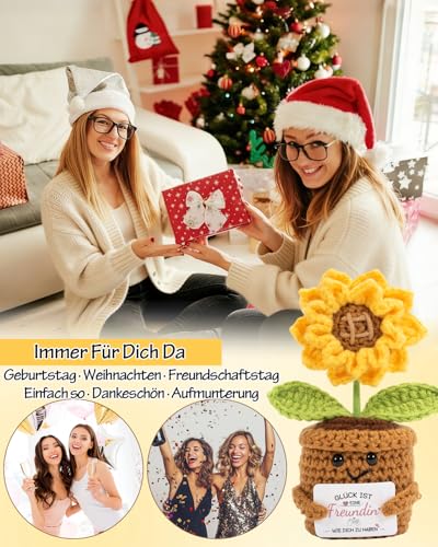 Kanzith Geschenke für Beste Freundin - Positive Sonnenblume Häkelpuppe mit Karte, Kleines Handgemachtes Geburtstag Ostern Valentinstag Freundschaft Geschenk, Schreibtisch Deko