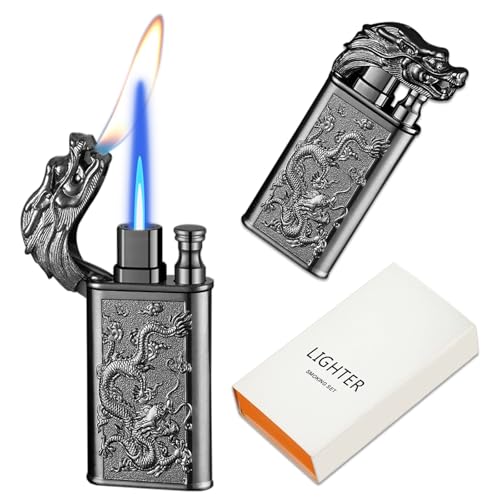 CYJBAO Feuerzeug - Sturmfeuerzeug mit edlem Drachen-Relief, verstellbare Stichflamme & weiche Flamme, nachfüllbares Butanfeuerzeug für Kerzen, Küche & Camping (ohne Gas) - Schwarz-EIS