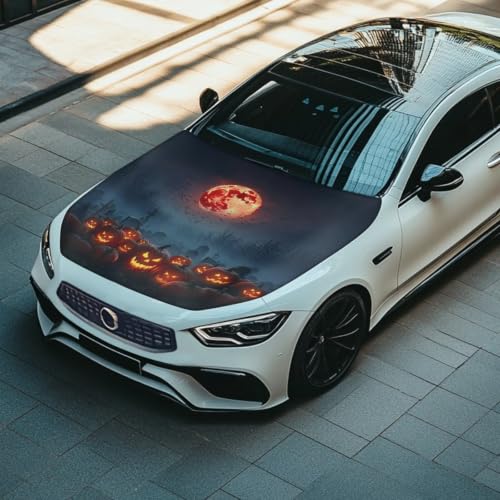 Image of Cemetery Graveyard Pumpkin Print Car Hood Cover Stretchable Auto Hood Wrap Blankets Waterproof Automotive Halloween Outdoor Decorations for Compact Sedans SUV Trucks Van