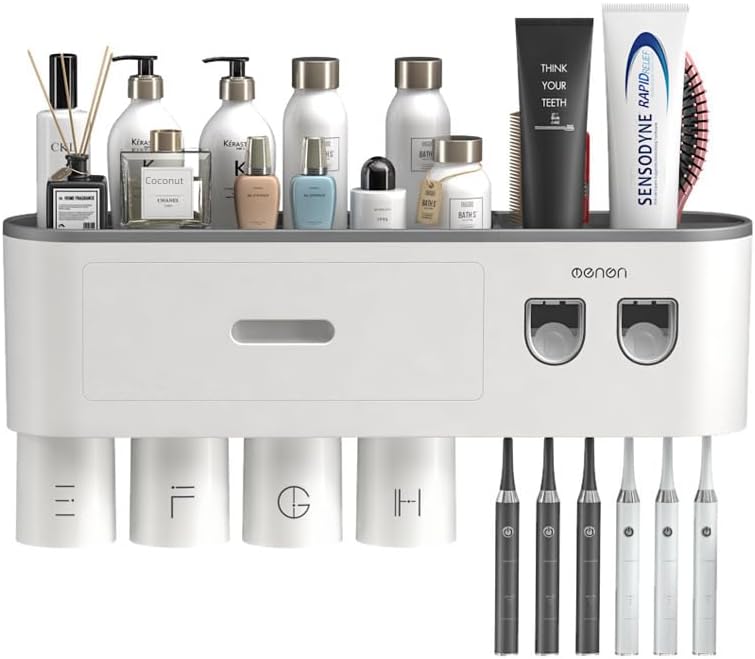 Toothbrush Holder with Automatic Toothpaste Squeezer, Wall-Mounted Bathroom Organizer