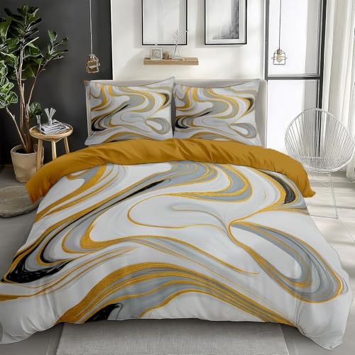 Reversible Bedding Set Duvet Cover Set Cot-bed for Kids Toddler- Luxury Marble Printed Quilted Comforter Cover with 1 Pillowcases, Gold Ochre, Microfiber, Zipper Closure, 2 Pieces