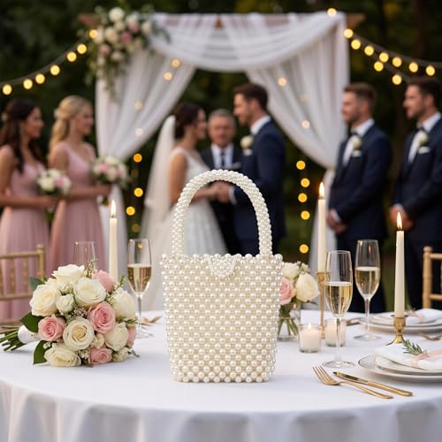 Bolso de mano de novia con perlas acrílicas blanco miniatura 7