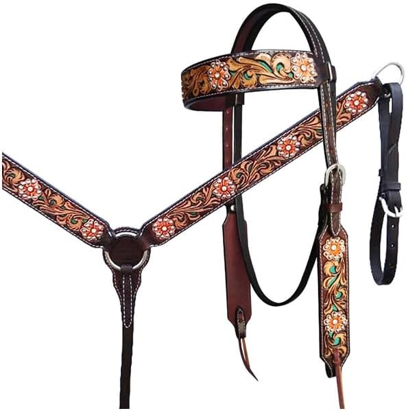 Western Headstall Breast Collar Reins Set Leather Hand Carved Tooled Equestrian Trail Horse Saddle Tack Set Full Cob Pony (Pony, Style 04)