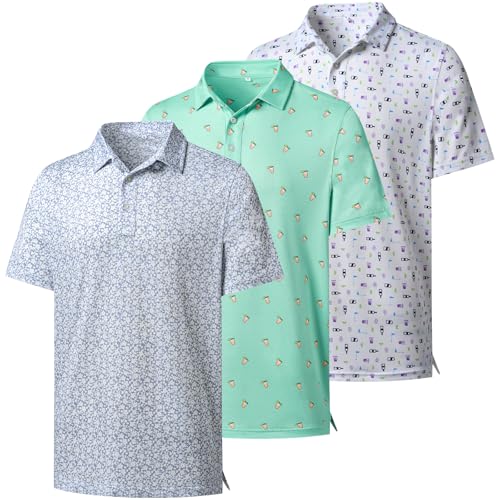 Zeususer Mens Polo Shirts 3 Pack Fashion Print Mens Golf Shirt Short Sleeve Moisture Wicking Dry Fit Golf Shirts for Men