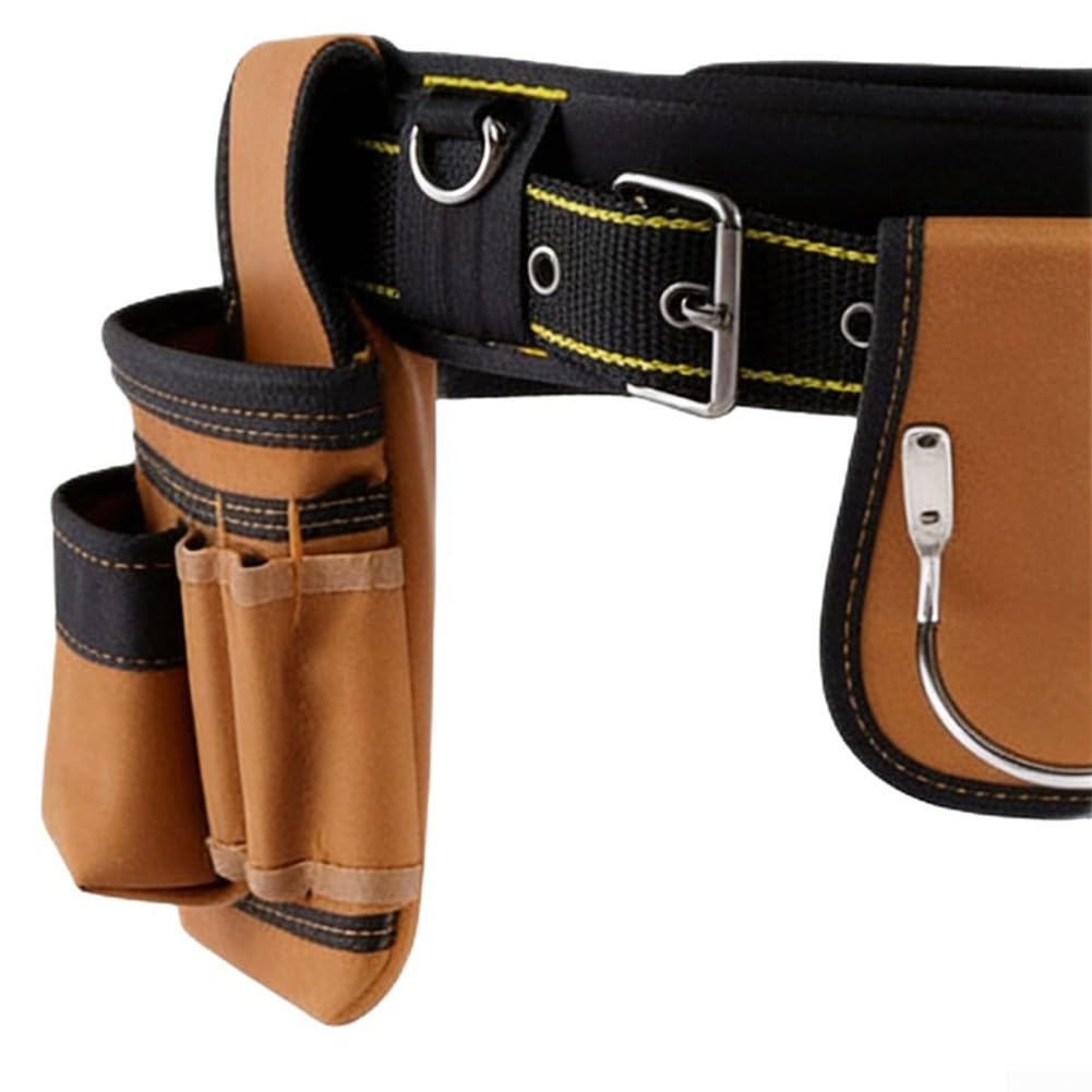 Ceinture porte-outils robuste 4 pièces en tissu Oxford 1200D avec étui pour marteau et double poches latérales pour un usage professionnel, marron, convient pour un tour de taille de 88 à 110 cm