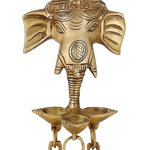 Image of ARTVARKO Brass Ganesh Ganesha Wall Hanging Idol Oil Lamp Three Diyas and Bells Puja Gifting Entrance Home Decor Idol 9.5 Inch.