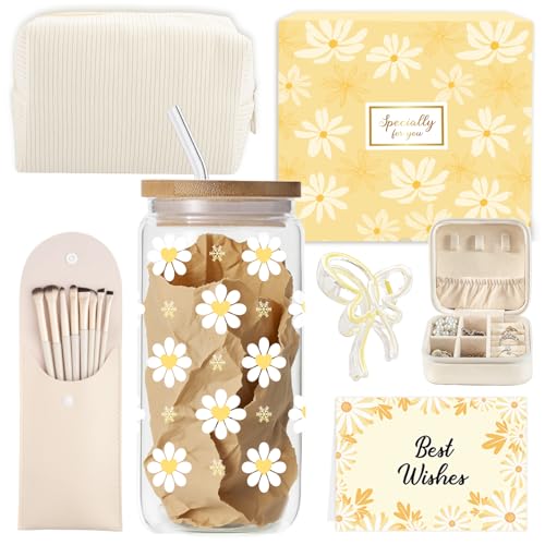 Youerls Regali per ragazze adolescenti 9 10 11 12 13 14 15 16 anni, regalo per ragazze in vetro per l'inizio della scuola, compleanno, bicchiere con cannuccia e coperchio, pennello per trucco, borsa