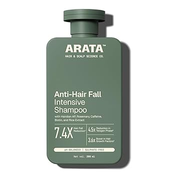 Arata Anti-Hair Fall Intensive Shampoo | Hairdian AP, Caffeine & Rosemary | Hair Fall Reduction | Boost in Hair Growth Factors | Paraben & Sulphate-Free Shampoo for Women & Men | 200 ML