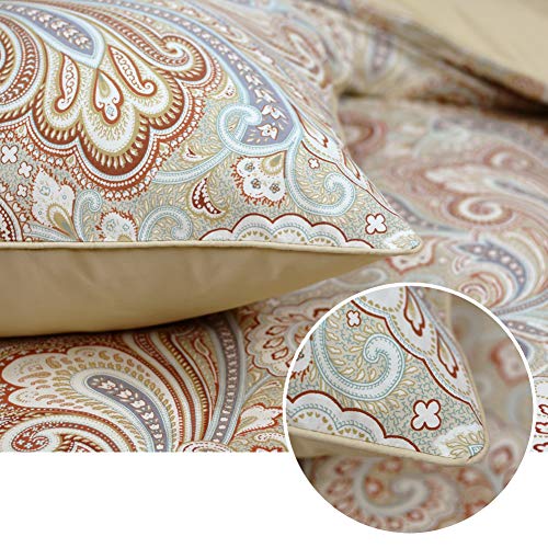 Softta Luxury Paisley Bedding Set 4Pcs Duvet Cover + Fitted Sheets Set + 2 Pillowcases Full Size,100% Egyptian Long-Staple Satin Cotton Khaki #TOP4