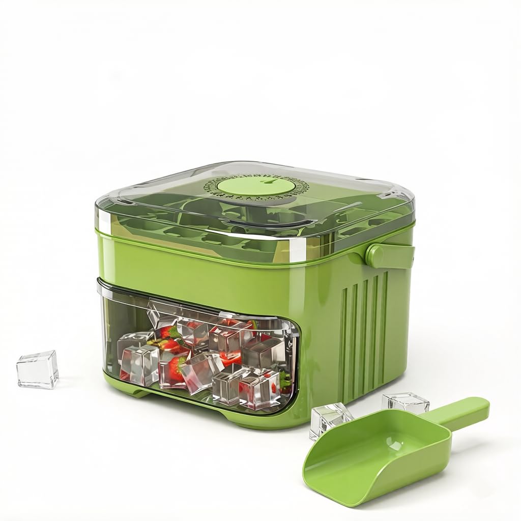 Ice Cube Tray with Lid and Bin, 50-Cube, Double-Deck, Green