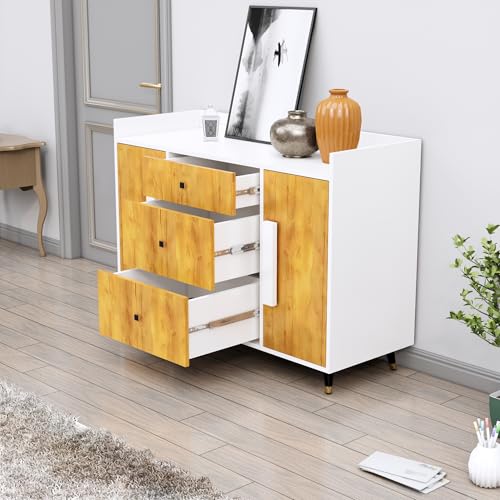 Image of Bniture Wooden Sideboard Cabinet for Living Room | Wooden Storage Cabinet with 2 Door & 3 Drawer | Engineered Wood Multipurpose Cabinet with Spacious Shelves for Home | Frosty White & Giant Wood