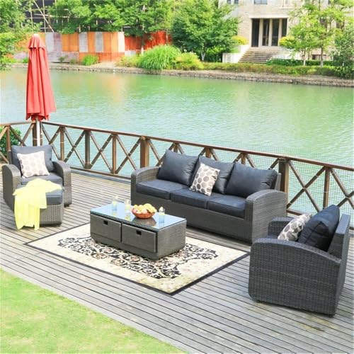 Direct Wicker Living Room Sets 5PCS Rattan Reception Sofas in Black with Cushion - Thumbnail 6