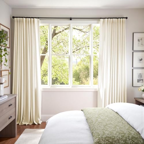 Image of Blackout Ivory Velvet Curtains Neutral Back Tab 52x90 Inch 2 Panels | Enhanced Light Blocking, Lined, For Bedroom & Living Room, Light Shifting Texture, Elegant Drape, Cozy, Rod Pocket