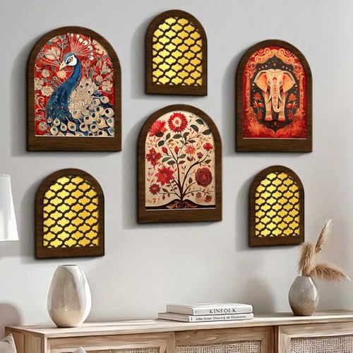 Image of Jharokha MDF Mirrors Home Decoration Items | Traditional Wall Decor Items for Living Room | Mirror Wall Hanging | Home Decor Items for Bedroom Office Set of 6 (9x12 inch & 7.5x9.5 inch)