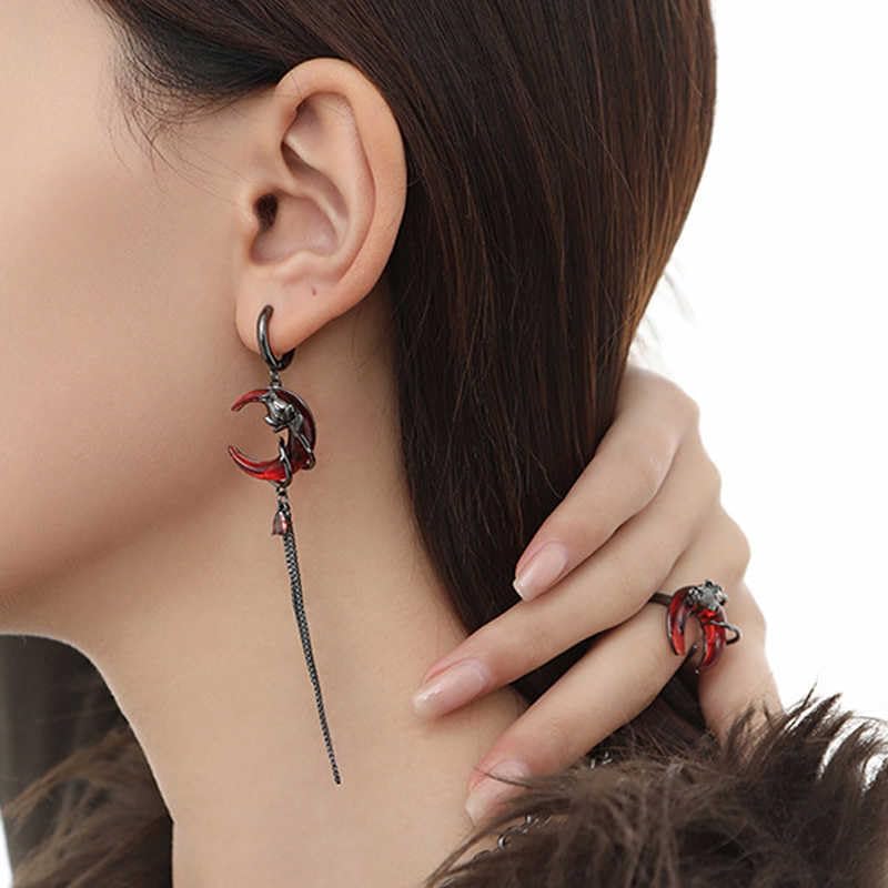 KURTCB Goth Moon Earrings Necklace Vampire Blood Moon Thorns Asymmetrical Huggie Earring Necklace Halloween Gothic Jewelry for Women - Image 6